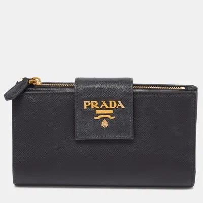 Pre-owned Prada Black Saffiano Metal Leather Compact Wallet