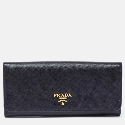 Pre-owned Prada Black Saffiano Metal Leather Logo Flap Continental Wallet