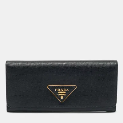 Pre-owned Prada Black Saffiano Metal Leather Triangle Logo Flap Continental Wallet