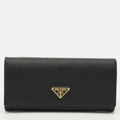 Pre-owned Prada Black Saffiano Metal Leather Triangle Logo Flap Continental Wallet