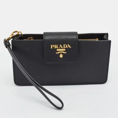 Pre-owned Prada Black Saffiano Metal Leather Wristlet Pouch