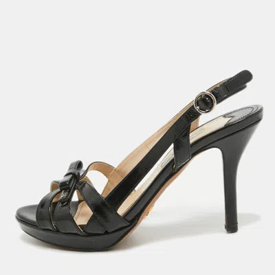 Pre-owned Prada Black Saffiano Patent Leather Bow Slingback Sandals Size 35.5