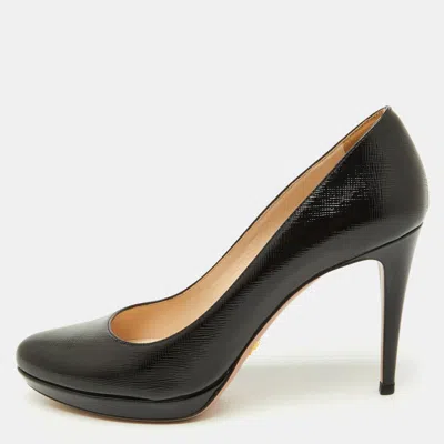 Pre-owned Prada Black Saffiano Patent Leather Round Toe Pumps Size 39