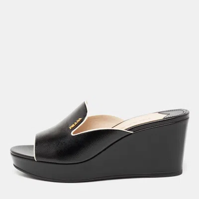 Pre-owned Prada Black Saffiano Patent Leather Wedge Slide Sandals Size 40