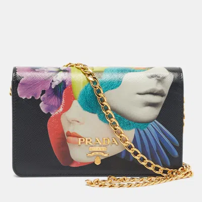Pre-owned Prada Black Saffiano Printed Faces Leather Chain Clutch