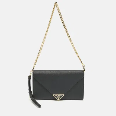 Pre-owned Prada Black Saffiano Triang Leather Envelope Chain Clutch