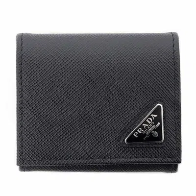 Pre-owned Prada Black Saffiano Triangle Coin Purse/coin Case ()