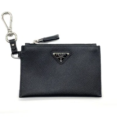 Pre-owned Prada Black Saffiano Triangle Coin Purse/coin Case ()