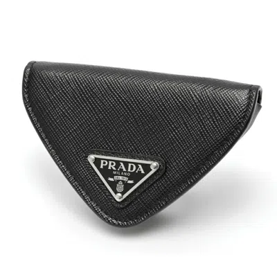 Pre-owned Prada Black Saffiano Triangle Leather Coin Purse/coin Case ()