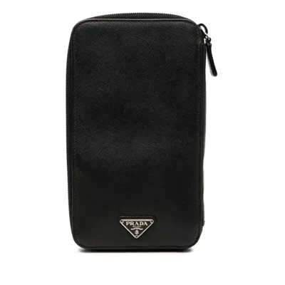 Pre-owned Prada Black Saffiano Triangle Leather Long Wallet (bi-fold) ()