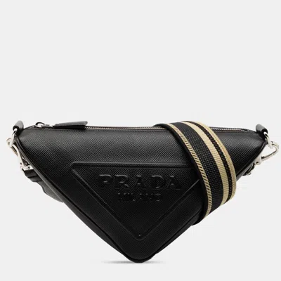 Pre-owned Prada Black Saffiano Triangle Logo Crossbody
