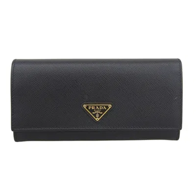 Pre-owned Prada Black Saffiano Triangle Long Wallet (bi-fold) ()