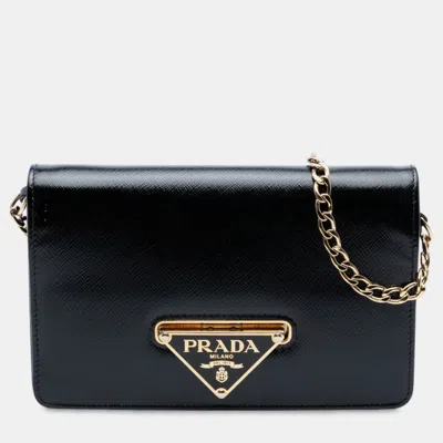 Pre-owned Prada Black Saffiano Vernice Flip Lock Wallet On Chain Clutch