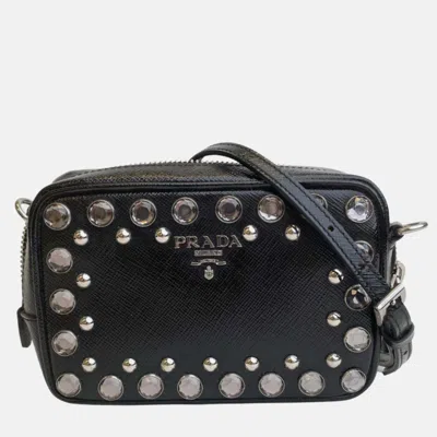 Pre-owned Prada Black Saffiano Vernice Jeweled Crossbody Camera Bag