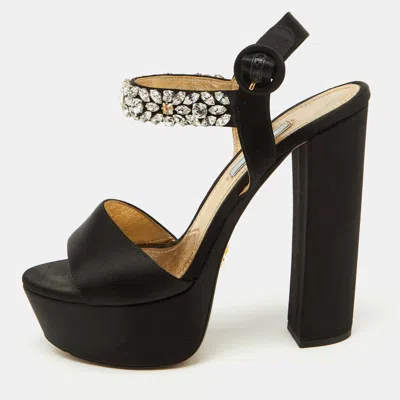 Pre-owned Prada Black Satin Crystal Embellished Ankle Strap Platform Sandals Size 38