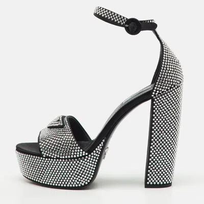 Pre-owned Prada Black Satin Crystal Embellished Ankle Strap Platform Sandals Size 39.5