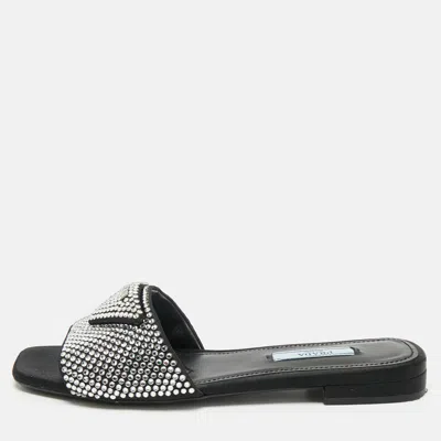 Pre-owned Prada Black Satin Crystal Embellished Flat Slides Size 36.5