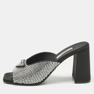 Pre-owned Prada Black Satin Crystal Embellished Logo Slide Sandals Size 37
