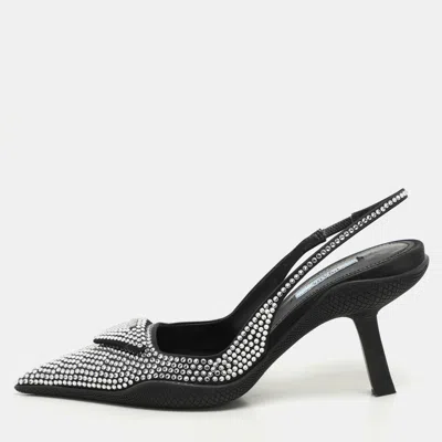 Pre-owned Prada Black Satin Crystal Embellished Pointed Toe Slingback Pumps 36.5