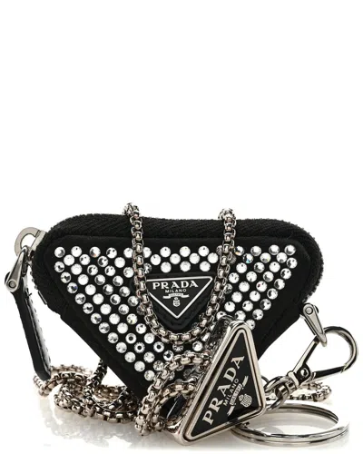 Prada Black Satin Crystal Mini Triangle Card Holder With Strap (authentic Pre-  Loved)