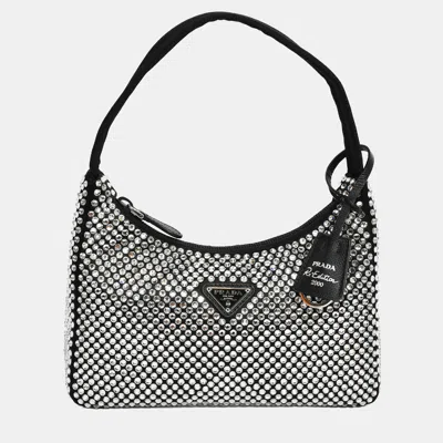 Pre-owned Prada Black Satin Crystal Re-edition Mini Shoulder Bag