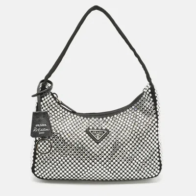 Pre-owned Prada Black Satin Crystals Re-edition 2000 Shoulder Bag
