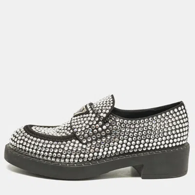 Pre-owned Prada Black Satin Crystals Slip On Loafers Size 36