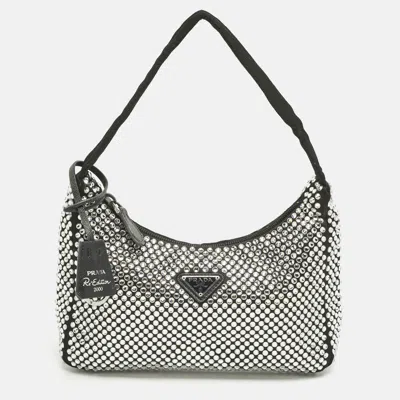 Pre-owned Prada Black Satin Re-edition 2000 Crystals Shoulder Bag