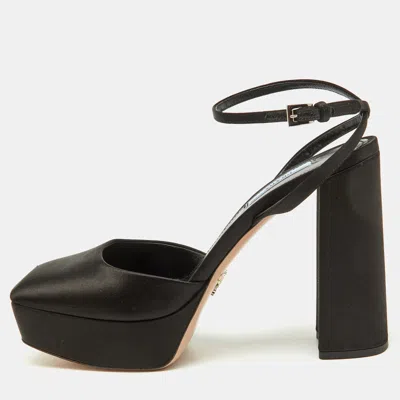 Pre-owned Prada Black Satin Square Toe Platform Ankle Strap Sandals Size 38.5