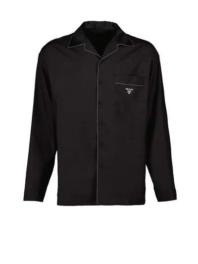 Prada Black Shirt With Logo In Blue