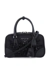 Prada Triangle Logo-embroidered Top Handle Bag In Black
