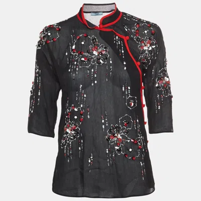 Pre-owned Prada Black Silk Embroidered Mandarin Collar Blouse M