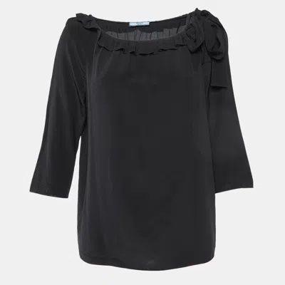 Pre-owned Prada Black Silk Ruffle Trim Blouse M