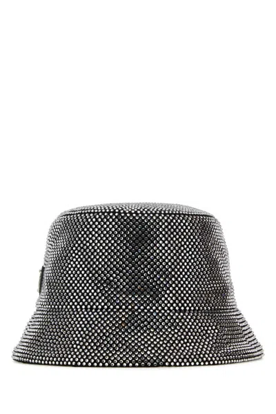 PRADA BLACK SILVER EMBELLISHED STUD BUCKET HAT