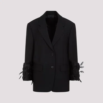 Prada Single-breasted Wool Jacket With Feather Trim In Black
