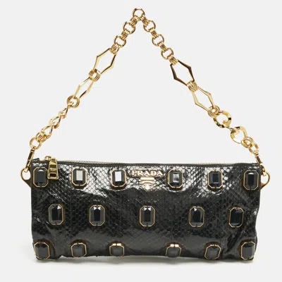 Pre-owned Prada Black Snakeskin Pietre Crystals Embellished Chain Clutch