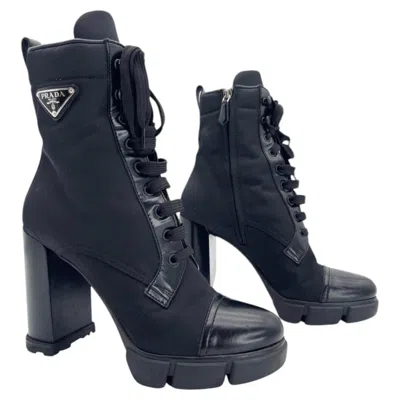 Pre-owned Prada Black Spazzolato Leather Re-nylon Triangle Logo Lug Sole Ankle Boots It 40
