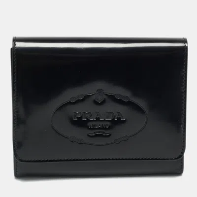 Pre-owned Prada Black Spazzolato Leather Trifold Wallet