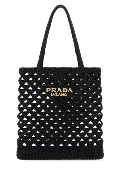 Prada Straw Tote Bag With Knit Design And Shoulder Straps In Black