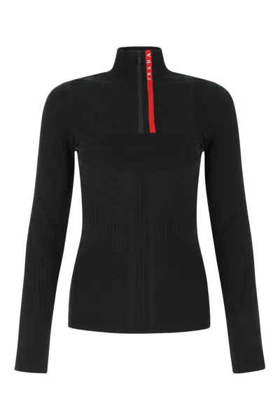 Prada Ribbed High Collar Slim Fit Top In Black