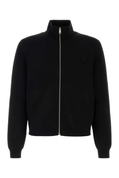 PRADA BLACK STRETCH WOOL BLEND CARDIGAN