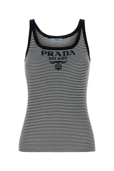 Prada Silk Tank Top Embroidered Striped Design In Black