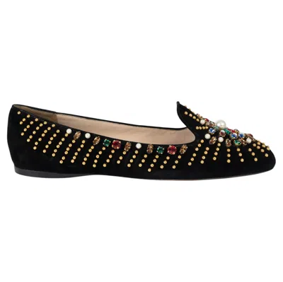 Pre-owned Prada Black Suede 2012 Crystal & Studs Loafers Shoes 39.5