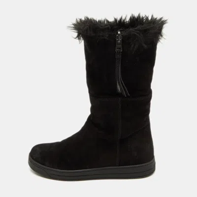 Pre-owned Prada Black Suede And Faux Fur Trim Ankle Length Boots Size 38