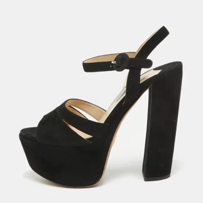 Pre-owned Prada Black Suede Ankle Strap Platform Block Heel Sandals Size 36
