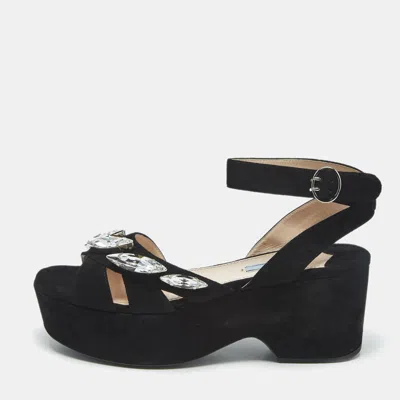 Pre-owned Prada Black Suede Crystal Embellished Platform Sandals Size 39