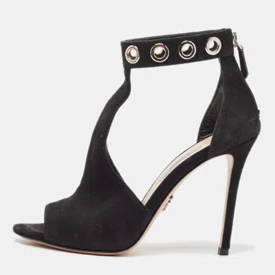 Pre-owned Prada Black Suede Eyelet Detail T-bar Ankle Strap Sandals Size 36