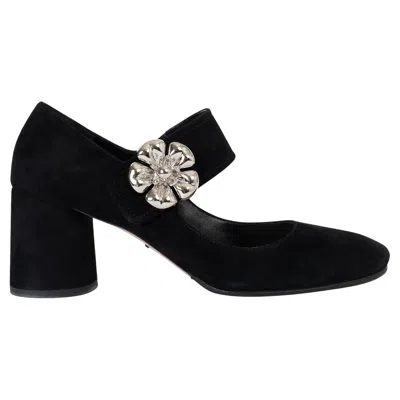 Pre-owned Prada Black Suede Flower Embellished Mary Jane Pumps Shoes 39