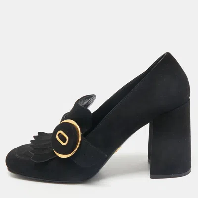 Pre-owned Prada Black Suede Fringe Pumps Size 38.5