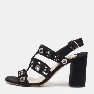 Pre-owned Prada Black Suede Grommet Block Heel Slingback Sandals Size 37.5